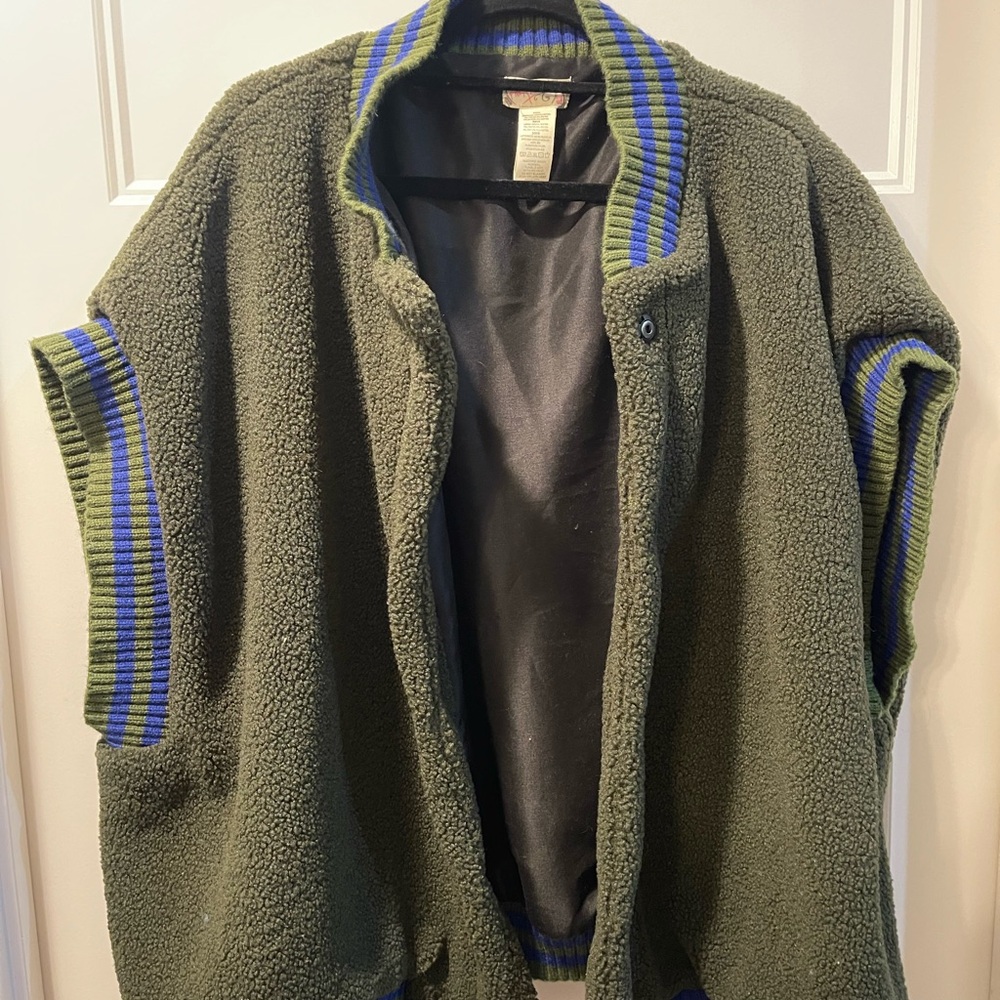 Free People Olive Green Sherpa Vest with Navy Stripe Trim